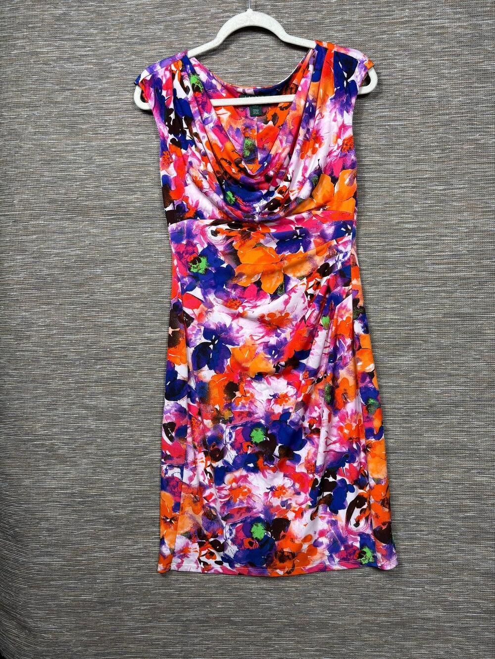 Lauren Ralph Lauren Dress Womens 8 Multicolor Floral Cowl Neck Ruched Sheath